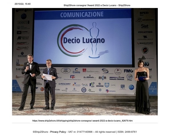 Ship2Shore consegna l’Award 2022 a Decio
                          Lucano - Ship2Shore
